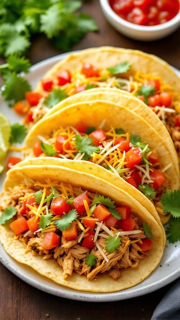 Delicious chicken tacos topped with tomatoes, lettuce, and cheese on a rustic plate.